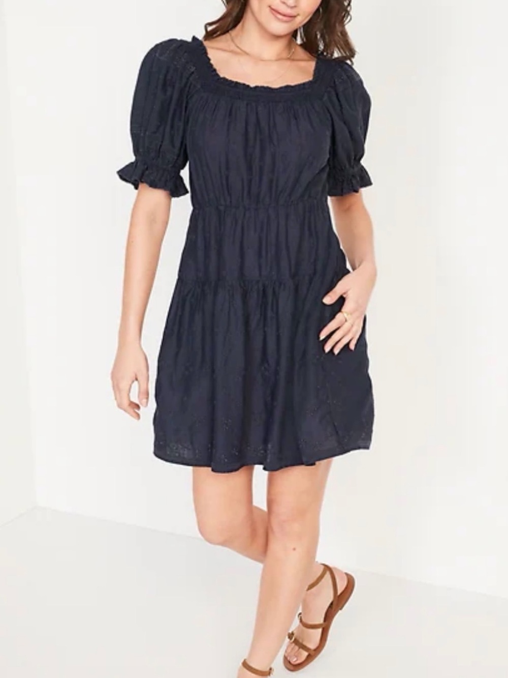 Old Navy Navy Square-Neck Puff-Sleeve Tiered Mini Dress